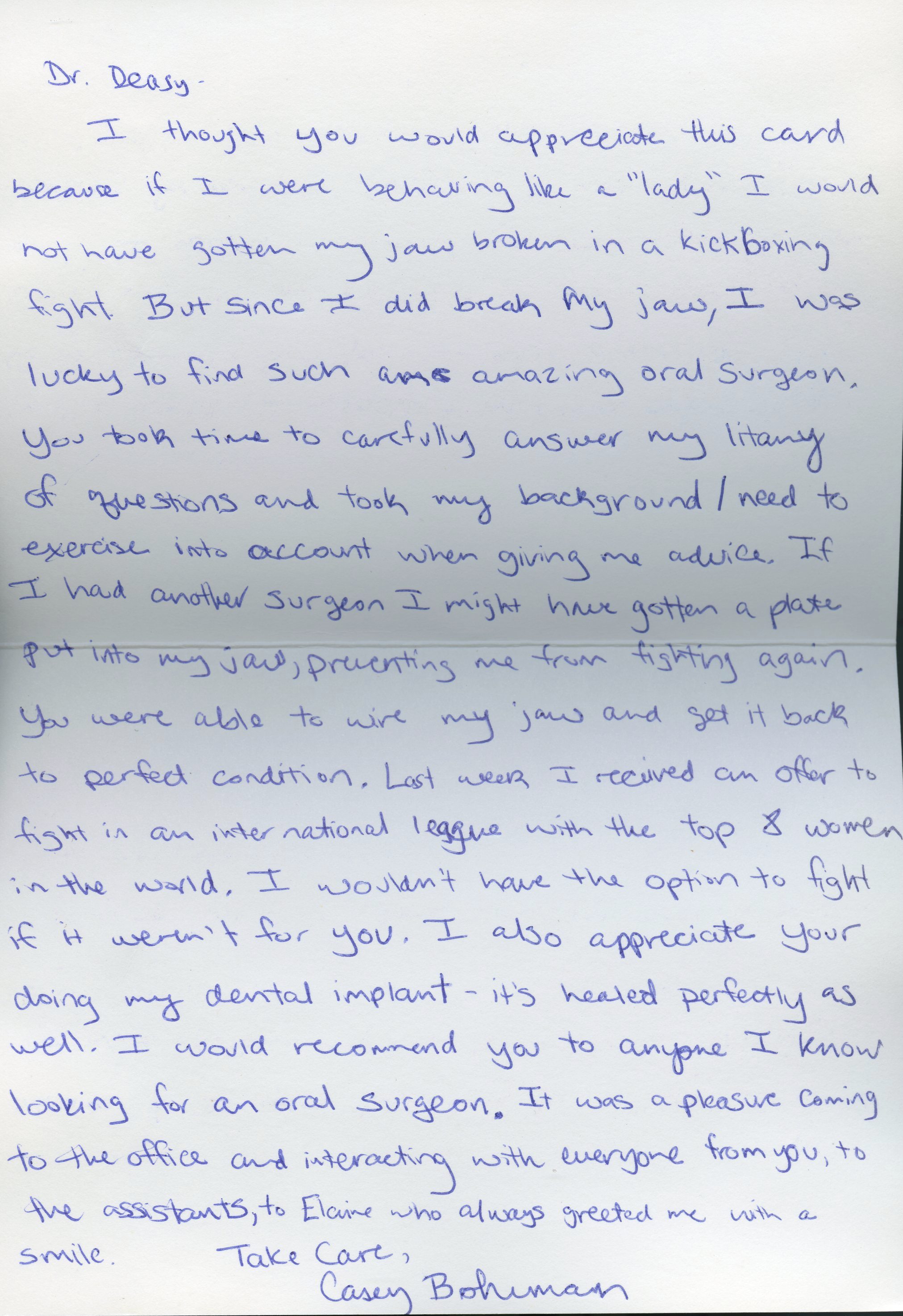 Image of a written patient testimonial